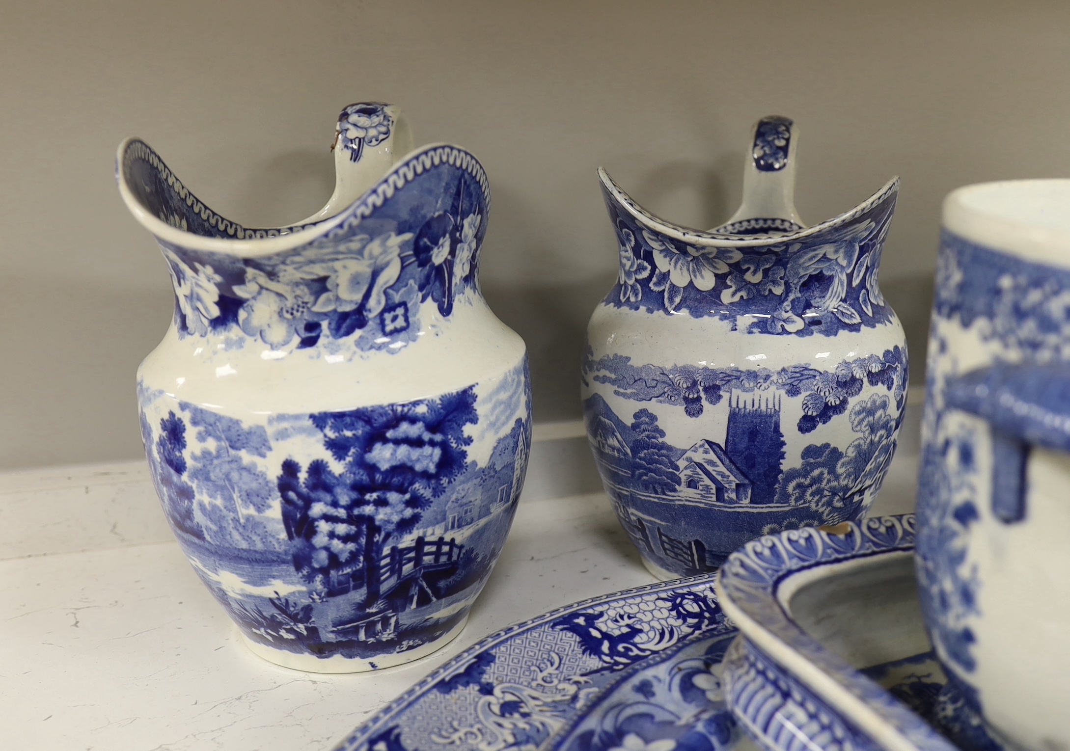 A collection of Victorian blue-printed ceramics, including Spode